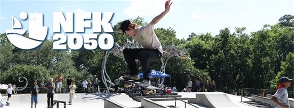 skateboarding scene with NFK2050 logo