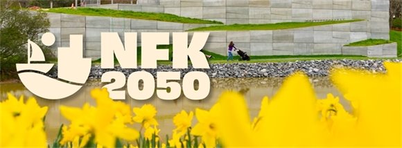 NFK2050 banner with daffodils at Norfolk Botanical Gardens 