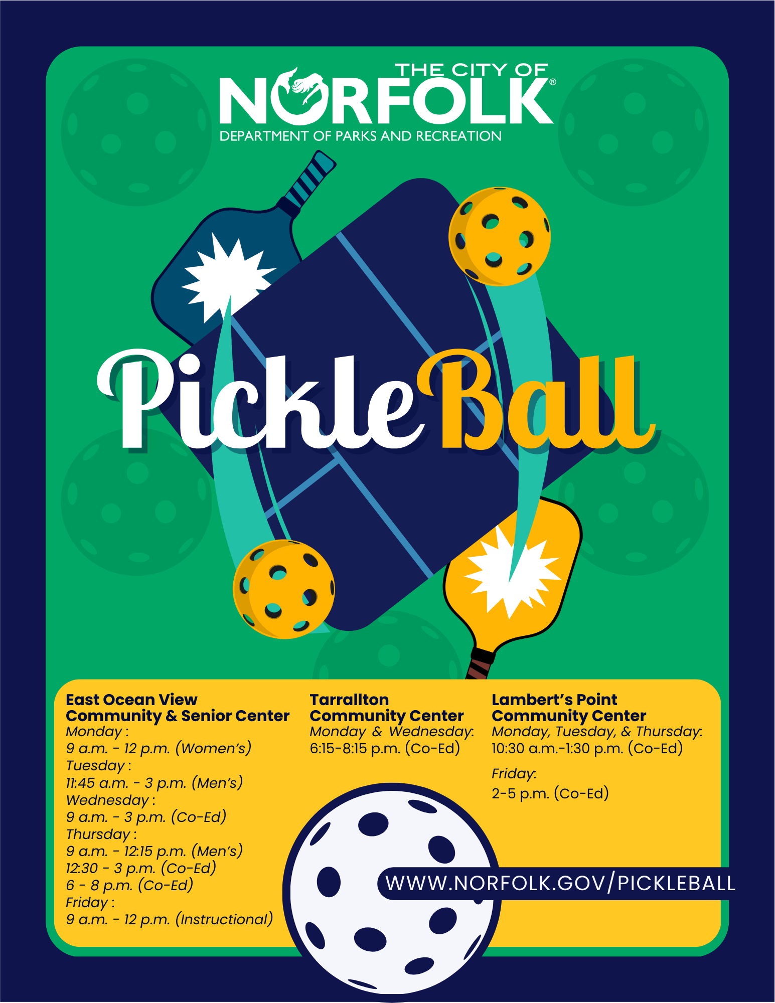 Norfolk Parks and Recreation Pickleball Flyer with new dates and times added