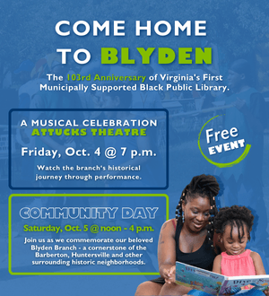 come home to blyden graphic ad. features picture of mother reading to child. 