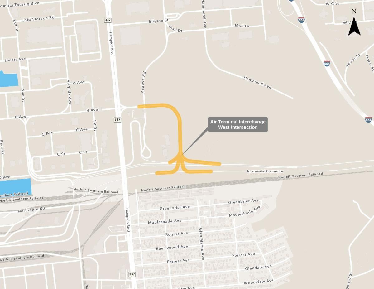 Map showing the approximate construction area on the Intermodal Connector to the Air Terminal Interc